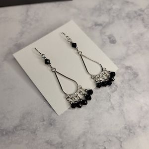 Silver Black Beaded Dangle Earrings